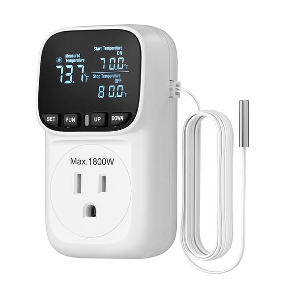 DEWENWILS Digital Temperature Controller, Heavy Duty 15A/1800W Thermostat Outlet Plug, VA Display Heating Cooling Control Timer, -40℉~210℉
