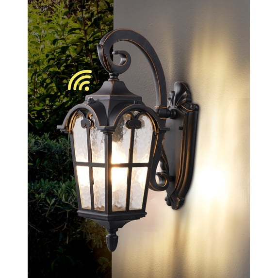 DEWENWILS Dusk to Dawn Outdoor Wall Light Fixtures Wall Mount, Black Roman 17.7" , Anti-Rust & Waterproof, Water Ripple Glass, Porch Light for House, Garage, ETL Listed A19 bulbs