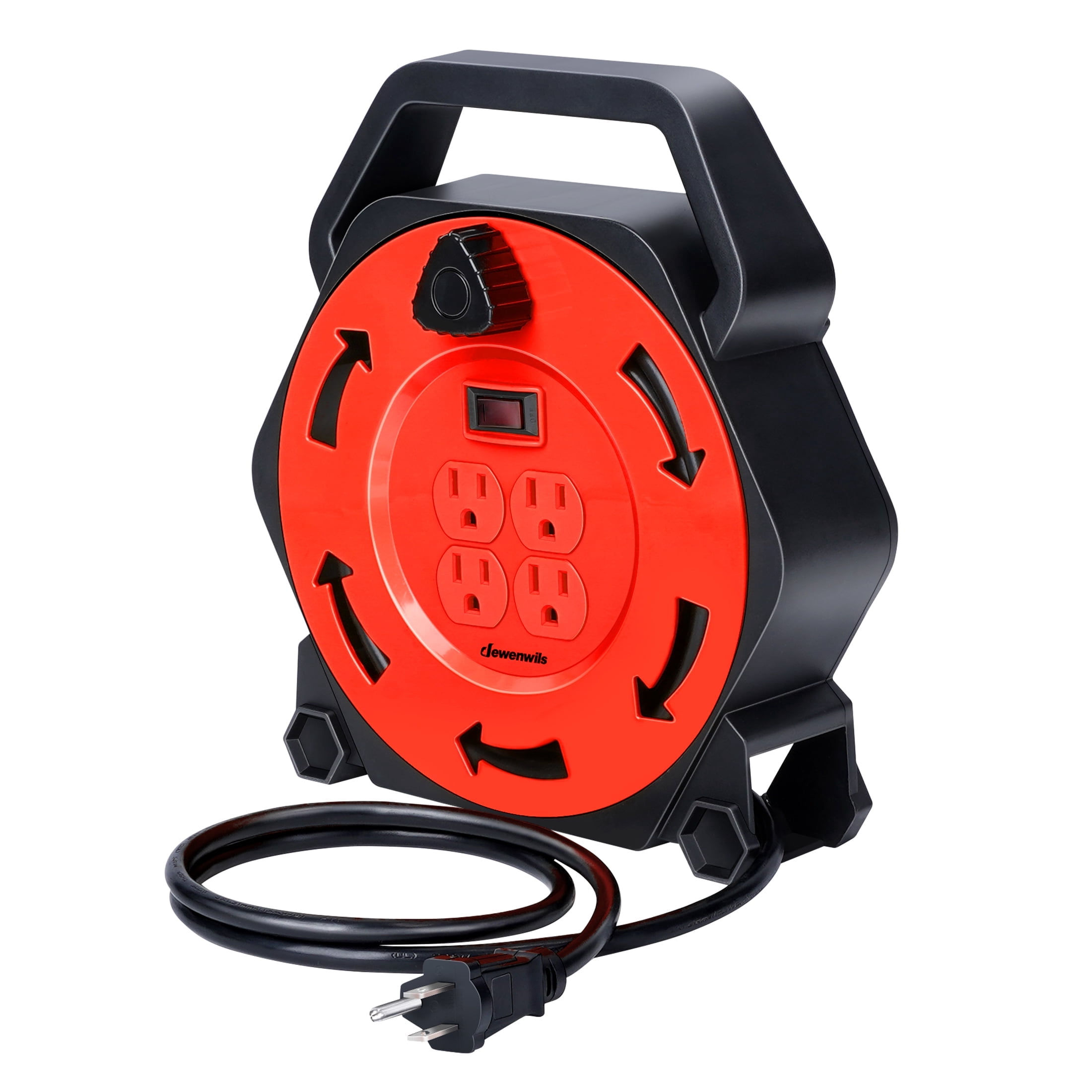 DEWENWILS Extension Cord Reel with 25 FT Power Cord, for Christmas and New Year Hand Wind Retractable, 16/3 AWG SJTW, 4 Grounded Outlets, 13 Amp Circuit Breaker,Black and Red, UL Listed