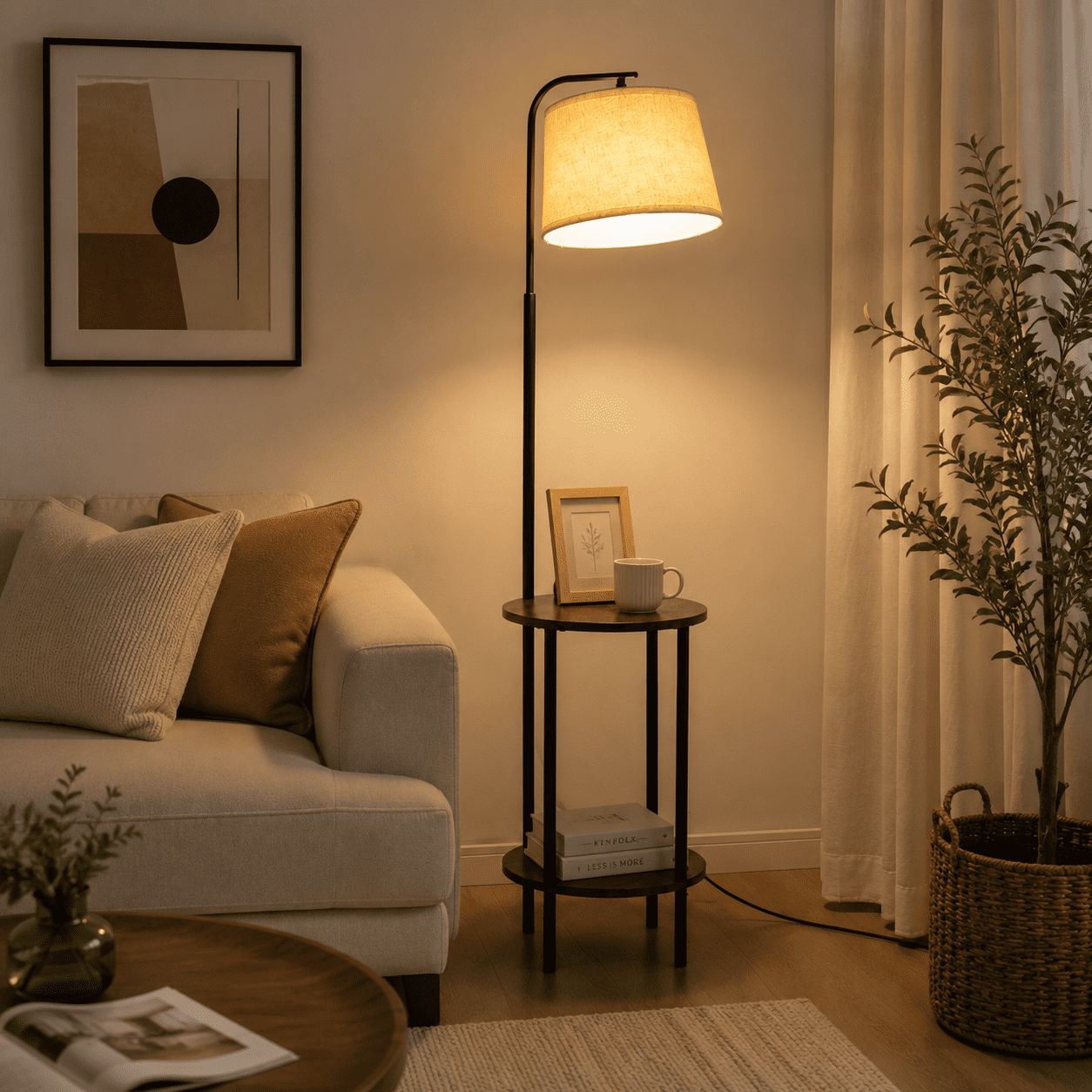 DEWENWILS, Floor Lamp with Table, 62 in, Rustic Wooden Home Decor