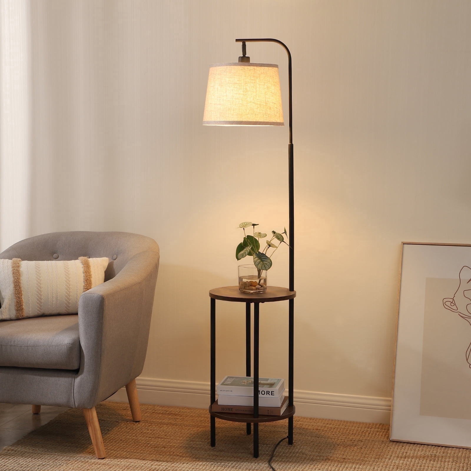 DEWENWILS Floor Lamp with Table for Living Room, 62in Rustic Farmhouse Wooden Floor Lamps, Attached End Table with Lamp for Bedroom, Office, Read Lighting, Home Decor, Brown