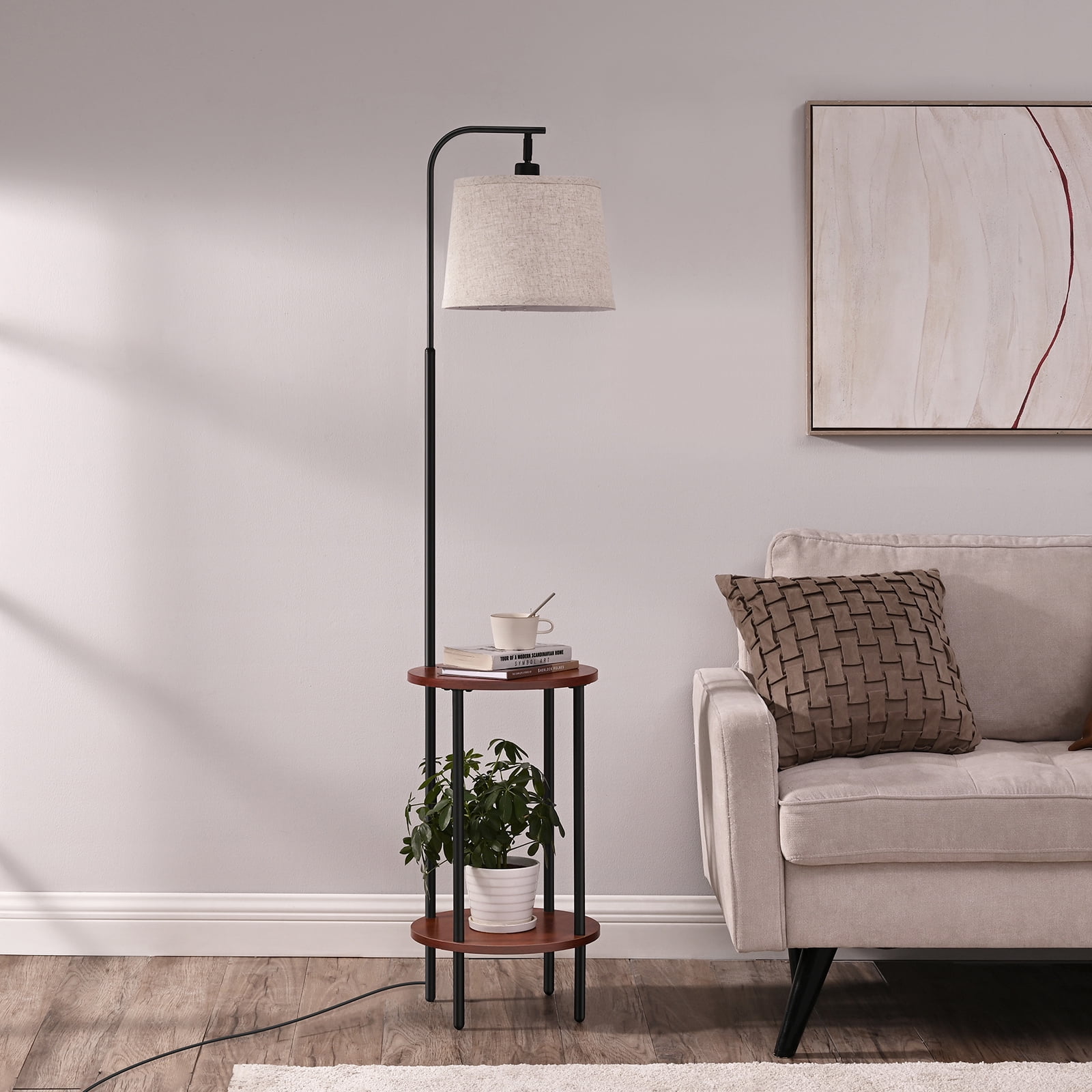 DEWENWILS Farmhouse Floor Lamp with Adjustable Shade, Red Wood Tables for Office, Reading Corner ...