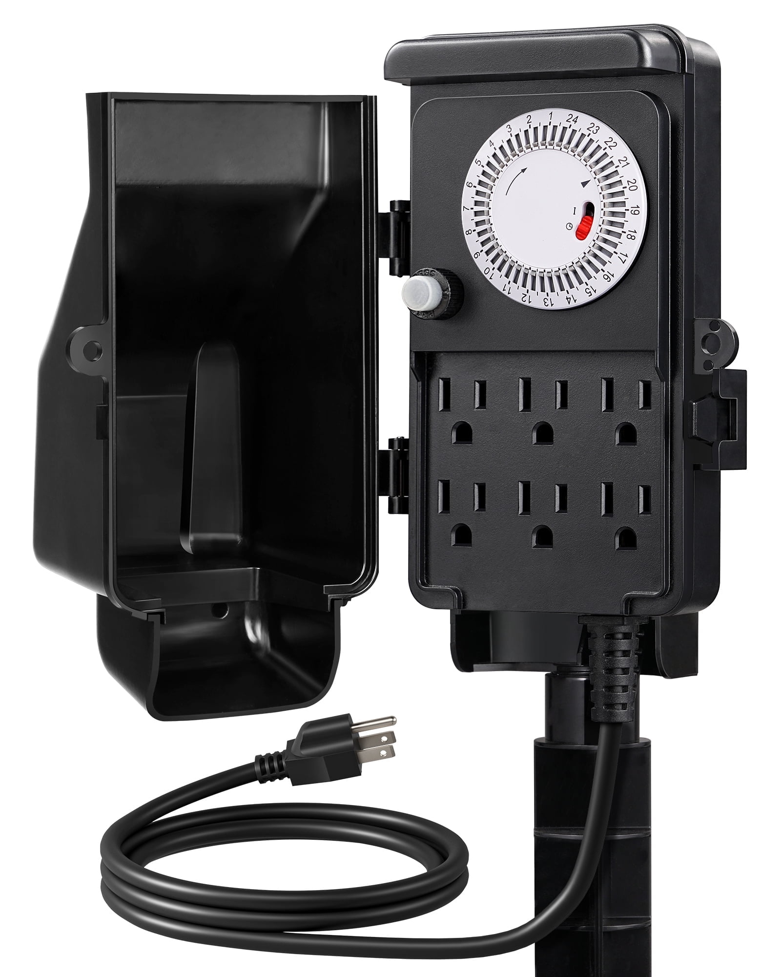 Black Heavy Duty Outdoor Mechanical Power Stake Timer with 6 Outlets