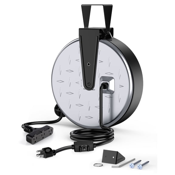 DEWENWILS Metal Extension Cord Reel, 30 ft Retractable Extension Cord, 16AWG/3C SJTW Power Cord, 3 Electrical Outlets, 10A Circuit Breaker, Gray