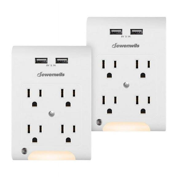 DEWENWILS Multi Plug Outlet 2 Pack, 4-Outlet Extender with 2 USB Ports, Outlet Splitter, Light Sensor Night Light adapter, 1080 Joules Surge Protector,