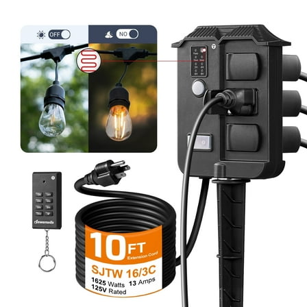 DEWENWILS Outdoor Power Stake Timer with Photocell,100FT Remote Control, 6 Grounded Outlets, 10FT Extension Cord, Dusk to Dawn Timer for Christmas Lights, Holiday Decoration, Garden Lights