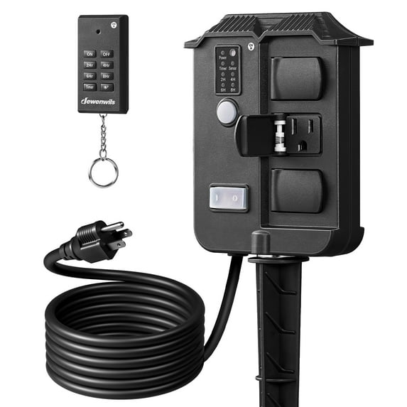 DEWENWILS Outdoor Light Timers with Remote Control, 6 Grounded Outlets, 100FT Remote Control, 6FT Extension Cord, Dusk to Dawn Power Stake Timer for Christmas Lights, Holiday Decor