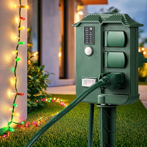 DEWENWILS Power Stake Outdoor Light Timer, 6FT Extension Cord, 6 Grounded Outlets, Waterproof, Photocell Dusk to Dawn Light Timer for Christmas Lights, Green