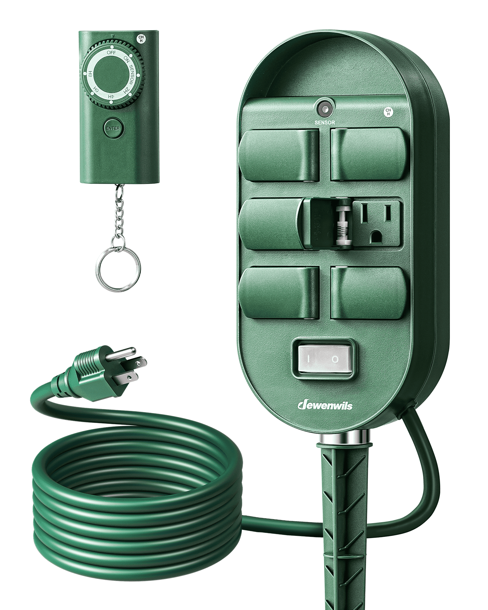 DEWENWILS Outdoor Power Stake Timer with Remote, 100FT Control Range, Photocell Stake Timer with 6FT Extension Cord & 6 Grounded Outlets for Holiday/Christmas Decor, Lights, UL Listed