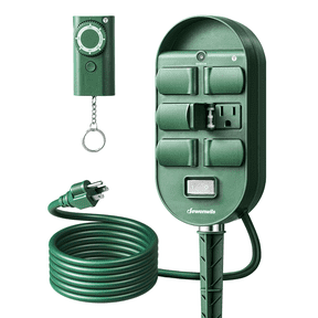 DEWENWILS Outdoor Power Stake Timer with Remote, 100FT Control Range, Photocell Stake Timer with 6FT Extension Cord & 6 Grounded Outlets for Holiday/Christmas Decor, Lights, UL Listed