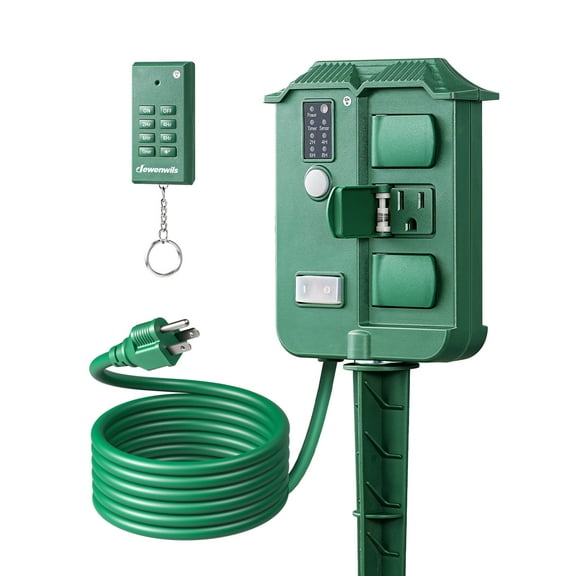 DEWENWILS Outdoor Power Stake Timer with Remote, 6 Grounded Outlets, 6FT Extension Cord, Photocell Dusk to Dawn Timer for Christmas Lights, Outdoor Decoration, Waterproof, UL Listed