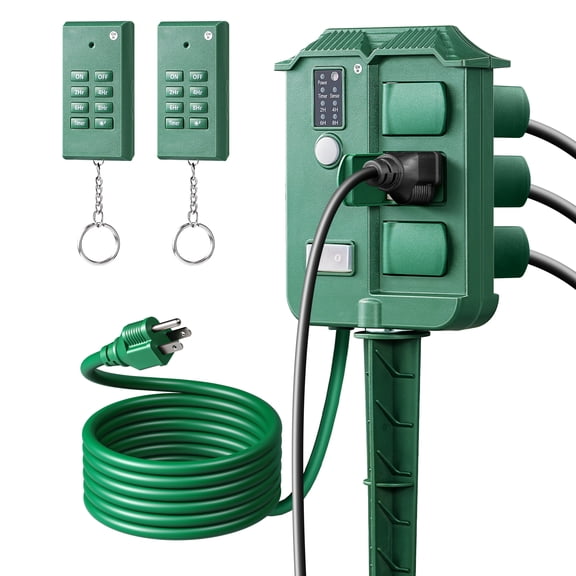 DEWENWILS Outdoor Power Stake Timer Waterproof, 6 Grounded Outlets, 2 Remotes, 100FT Wireless Remote Control, 6FT Extension Cord, Photocell Dusk to Dawn Timer for Lights, Yard, Garden