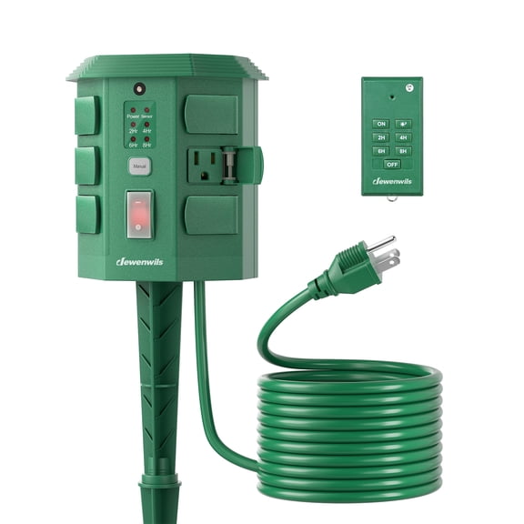 DEWENWILS Outdoor Power Stake Timer with Remote, 6 Grounded Outlets, 15FT Extension Cord, Dusk to Dawn for Christmas Lights, Outdoor Decor, UL Listed