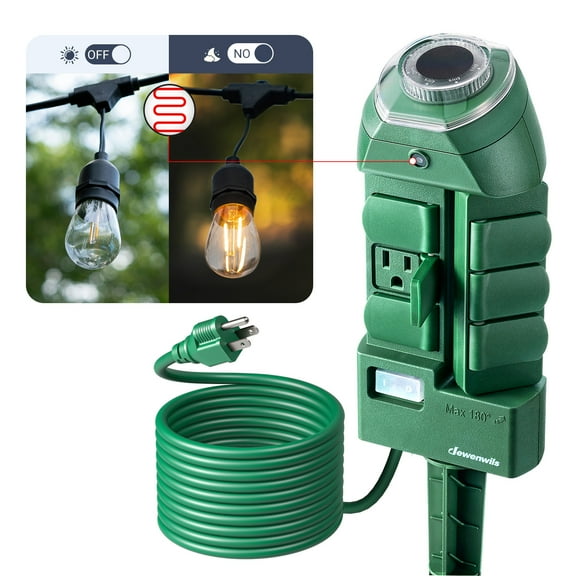 DEWENWILS Outdoor Power Stake Timers with Photocell, 6 Grounded Outlets, 10FT Extension Cord, Dusk to Dawn for Christmas Lights, Outdoor Decoration, 1875W/15A, UL Listed