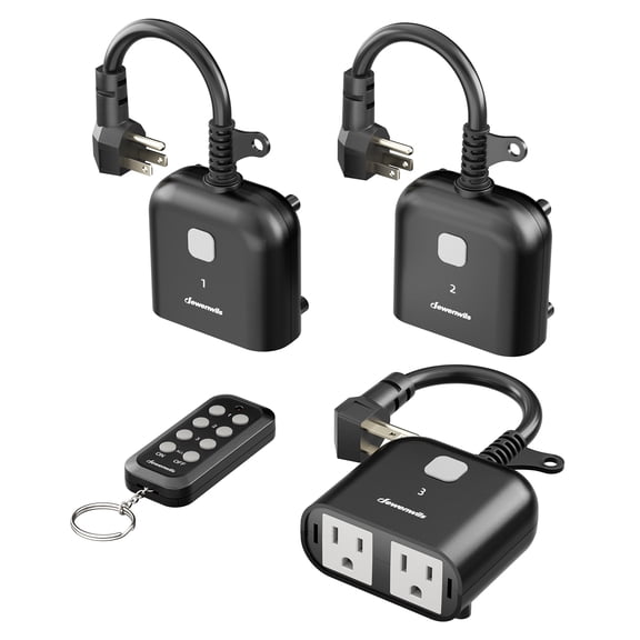 DEWENWILS Outdoor Remote Control Outlet, 100FT Range, 125V 15A Wireless Remote Switch, 1 Remote 3-Pack Wireless Remote Control Outlet Switches with SJTW Power Cord, Weatherproof for Lights
