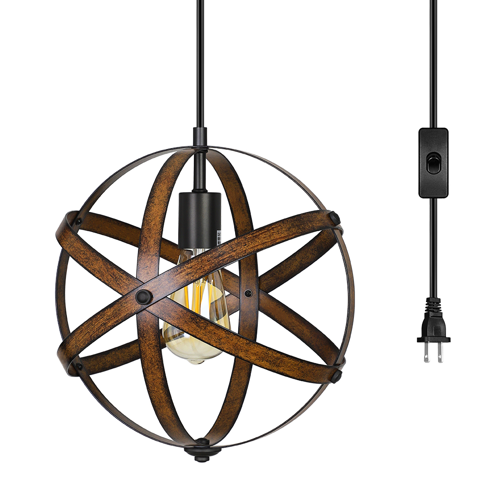 DEWENWILS Plug in Pendant Hanging Light, Wood Grain Industrial Style Metal  Globe Vintage Ceiling Light Fixture with 15FT Cord and ON/Off Switch for  Kitchen Island, Bedroom