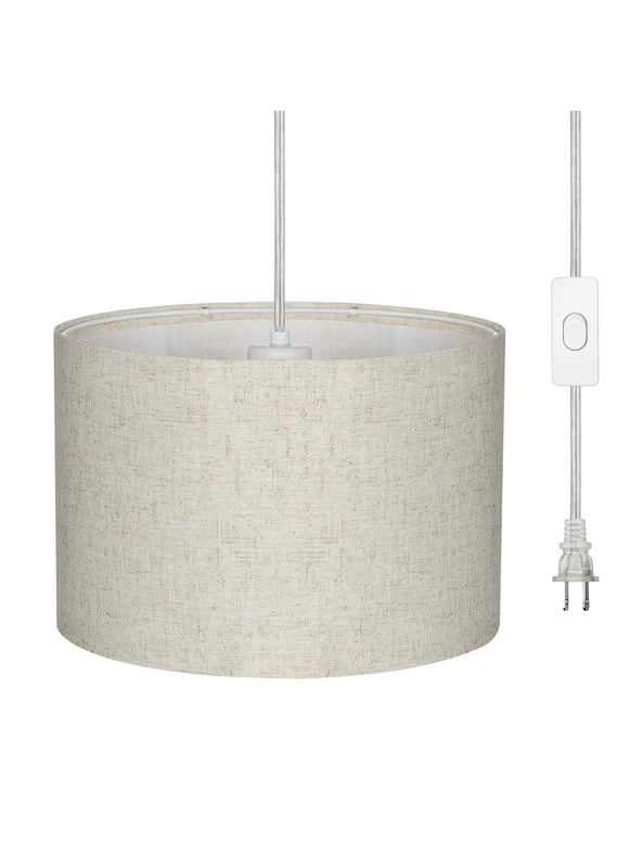 DEWENWILS Plug-in Pendant Hanging Light with 15FT Power Cord Beige Linen Shade for Bedroom, Kitchen, Living Room, Dining Table