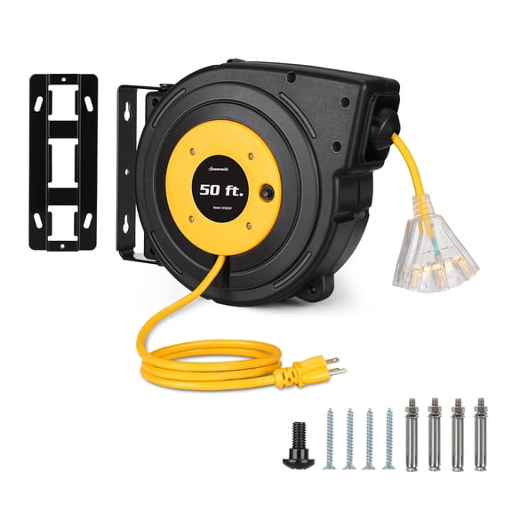 DEWENWILS Retractable Extension Cord Reel, 50FT Power Cord Reel with 14AWG/3C SJTOW, 13A Circuit Breaker