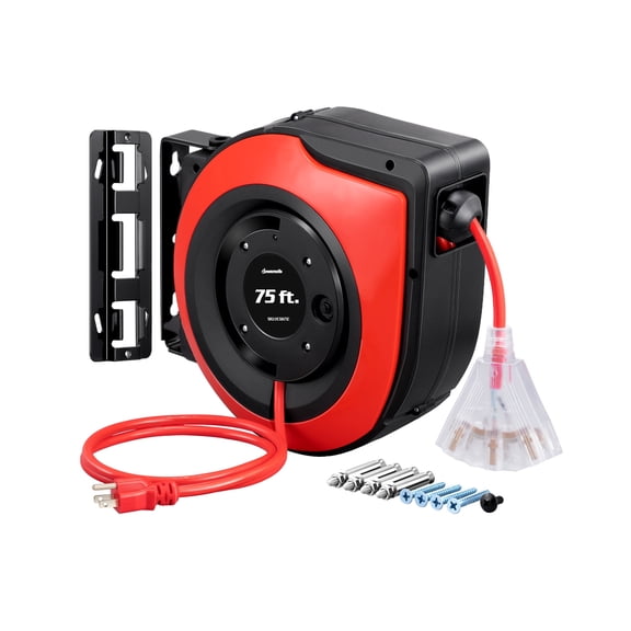 DEWENWILS Retractable Extension Cord Reel, 75 FT Heavy Duty Power Cord, 14/3C SJTOW Retractable Cord Reel, Lighted Triple Outlets, 10A Circuit Breaker, Wall/Ceiling Mount, UL Listed, Red