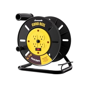 DEWENWILS Extension Cord Storage Reel, Wall Mountable Power Cord Reel with 4 Outlets, 15A Circuit Breaker,with ON/OFF Switch, Rotating Handle, Iron Painted Stand, 125V 60Hz 1875W