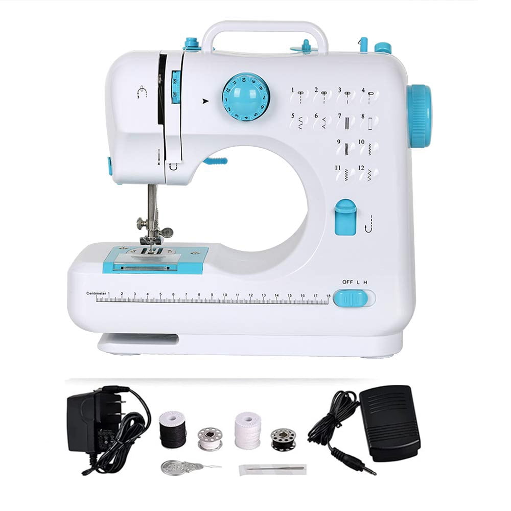 DEWIN Electric Sewing Machine Crafting Speed Crafting Mending Machine Portable Mini with 12 Built-in Stitches, 2 Speeds Double Thread, Embroidery,Foot Pedal for Beginners and Kids (White and Blue)