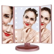 DEWIN LED Makeup Vanity Mirror, Tri-Fold Lighted Vanity Mirror with 21 LED Lights, Touch Screen and 1X/2X/3X Magnification, Portable Travel Cosmetic Mirror(Rose Gold)