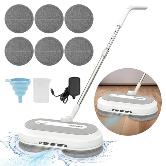 DEWINNER Cordless Electric Mop for Floor Cleaning with Water Sprayer & LED Headlight, Dual-Motor Electric Spin Mop with 300ml Water Tank for Hardwood Floors