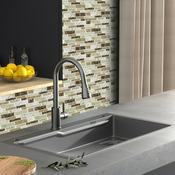 DEWOO 10-Sheet Peel and Stick Kitchen Backsplash Tiles, 12"x12" Self-Adhesive Marble Multicolor Wall Tiles for Kitchen and Bathroom(Brown Marble)