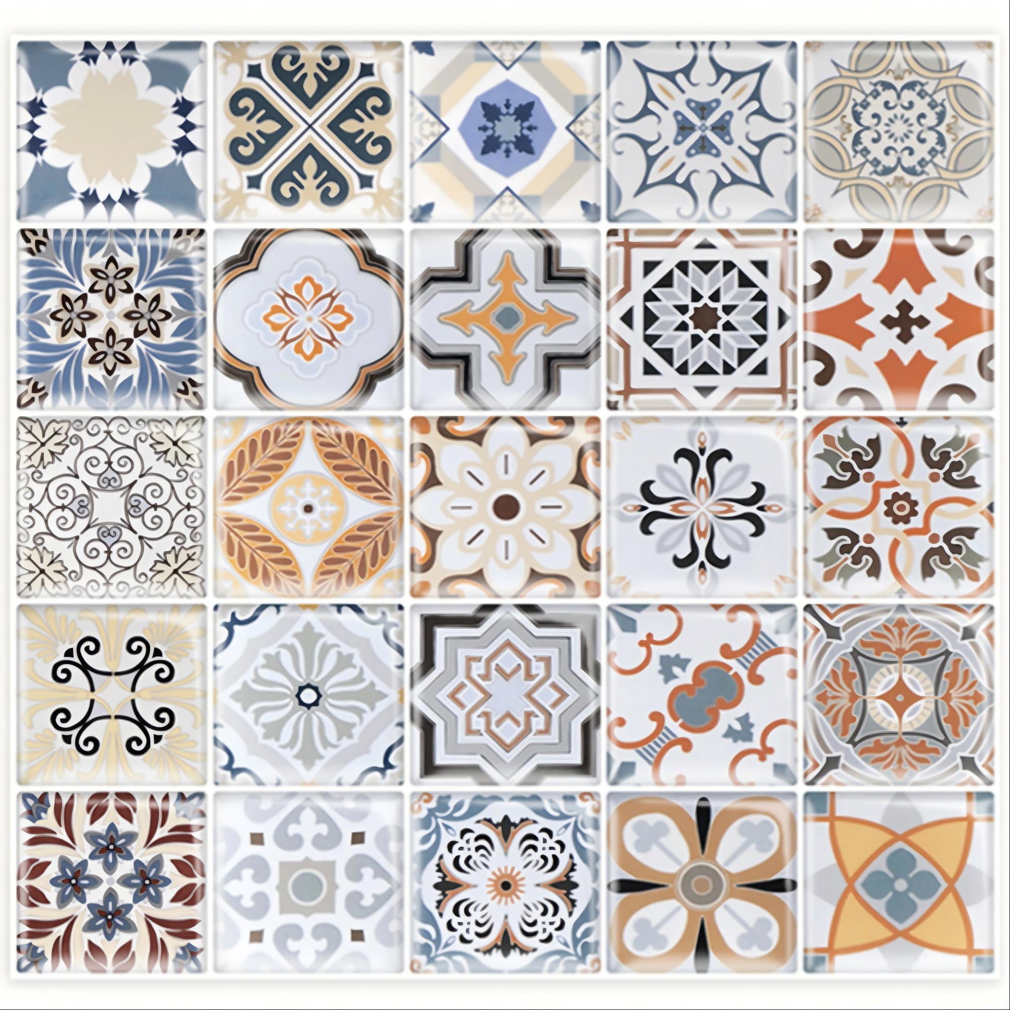 DEWOO 10PCS Mandala Tile Stickers, Peel and Stick Self Adhesive Removable Moroccan Tiles Backsplash Waterproof Oil Proof for Bathroom & Kitchen Wall Stickers Home Decor