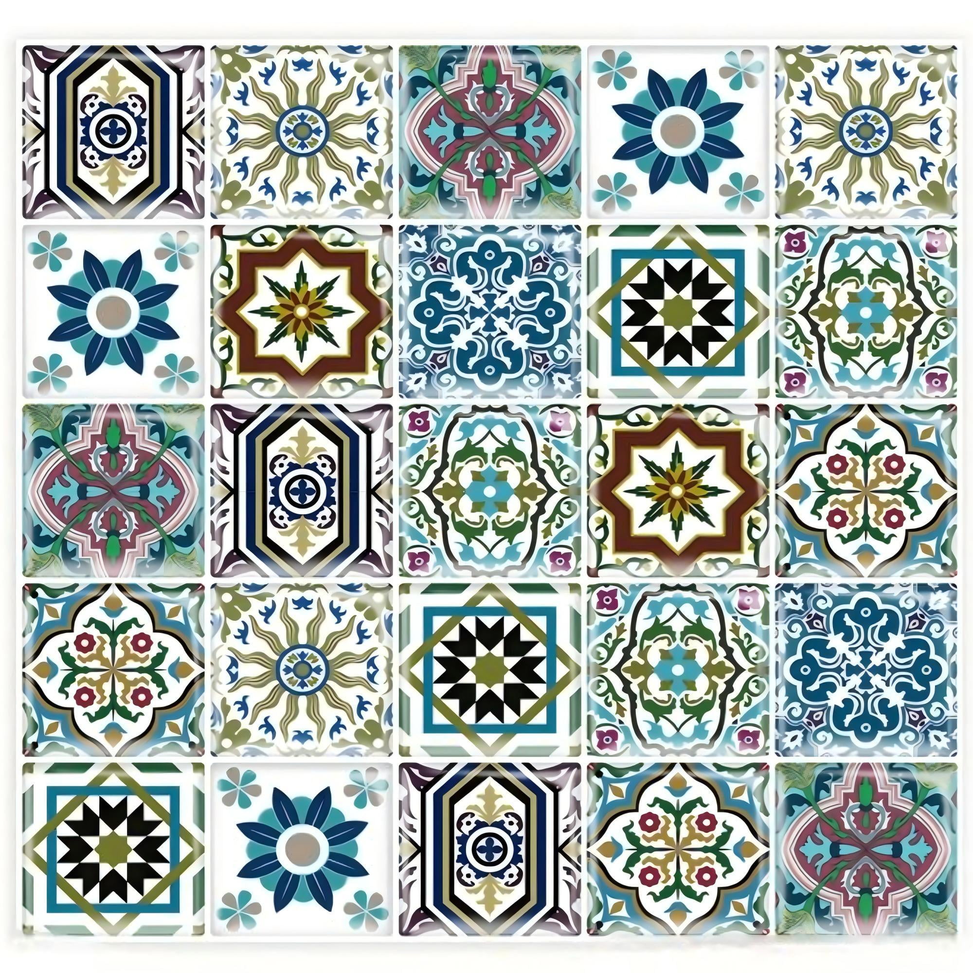 DEWOO 10PCS Mandala Tile Stickers, Peel and Stick Self Adhesive Removable Moroccan Tiles Backsplash Waterproof Oil Proof for Bathroom & Kitchen Wall Stickers Home Decor