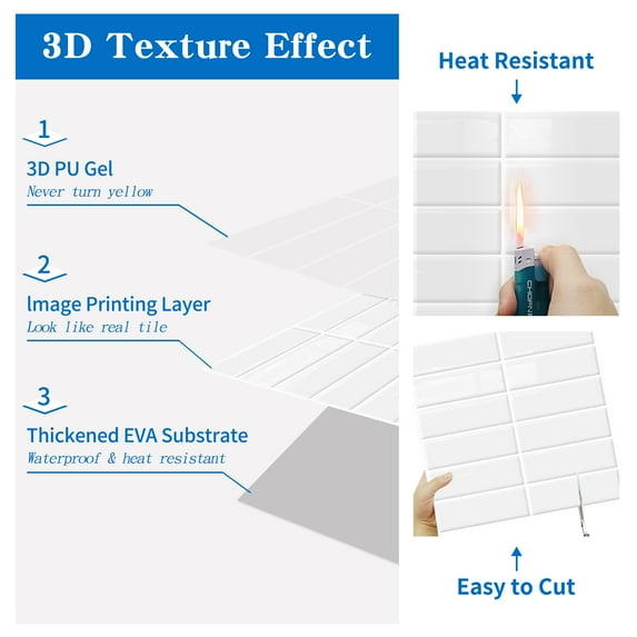 DEWOO Peel and Stick Backsplash Wall Tiles, Extra Thick 3D Wall Panels, Heat & Water Resistant, Easy DIY Kitchen, Bathroom, Laundry, Fireplace & Rental Home Wall Décor (10-Sheet, 12"×12"),White