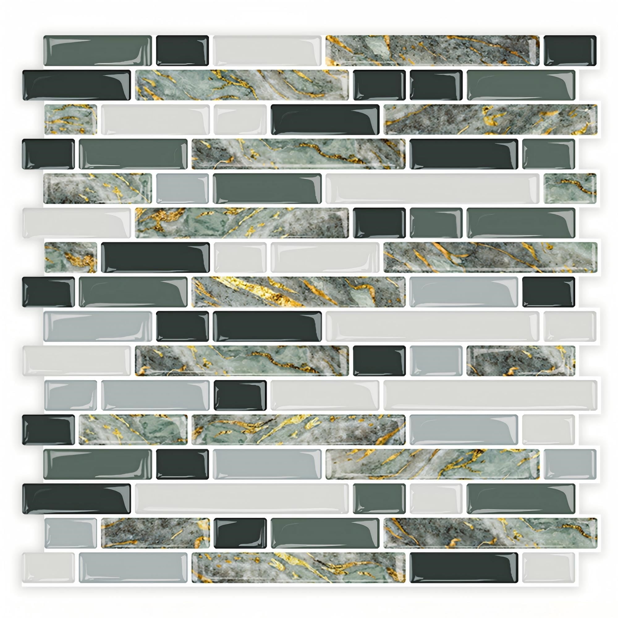 DEWOO Thick Kitchen Peel and Stick Tile Backsplash, Stick on Wall Tiles, 12"x12" Self Adhesive Sticky 3D Wall Marble Tiles Bathroom (10-Sheet，Gray Green)