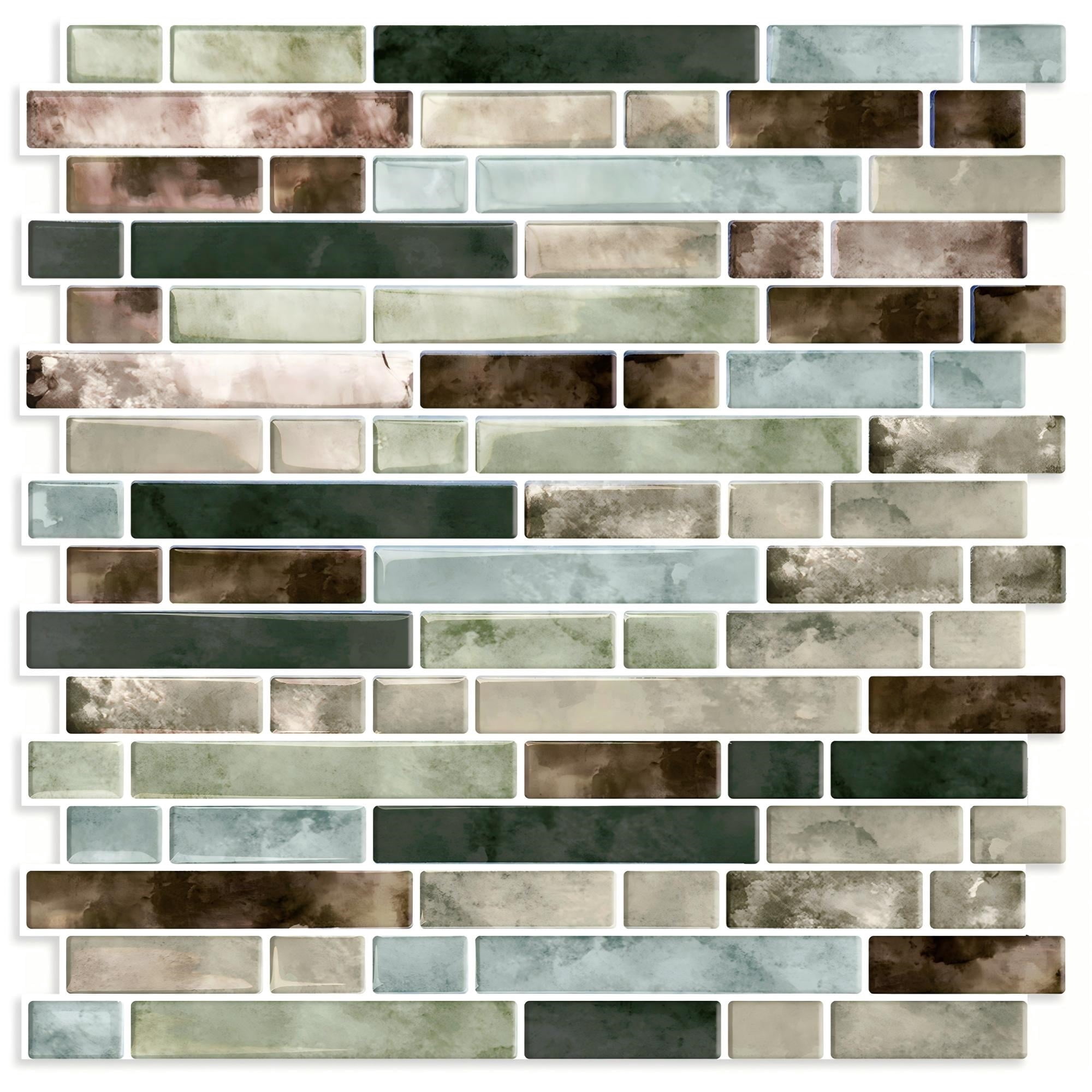 DEWOO Thick Kitchen Peel and Stick Tile Backsplash, Stick on Wall Tiles, 12"x12" Self Adhesive Sticky 3D Wall Marble Tiles Bathroom (10-Sheet，Green Brown)