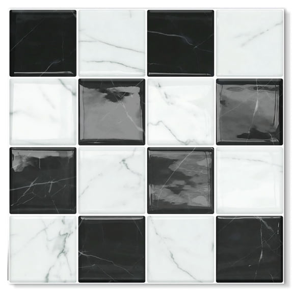 DEWOO Thick Peel and Stick Backsplash Tiles Kitchen Bathroom Square Self Adhesive Wall Tile Checkerboard Checkered Stickers,Black (10-Sheet, 9"×9")