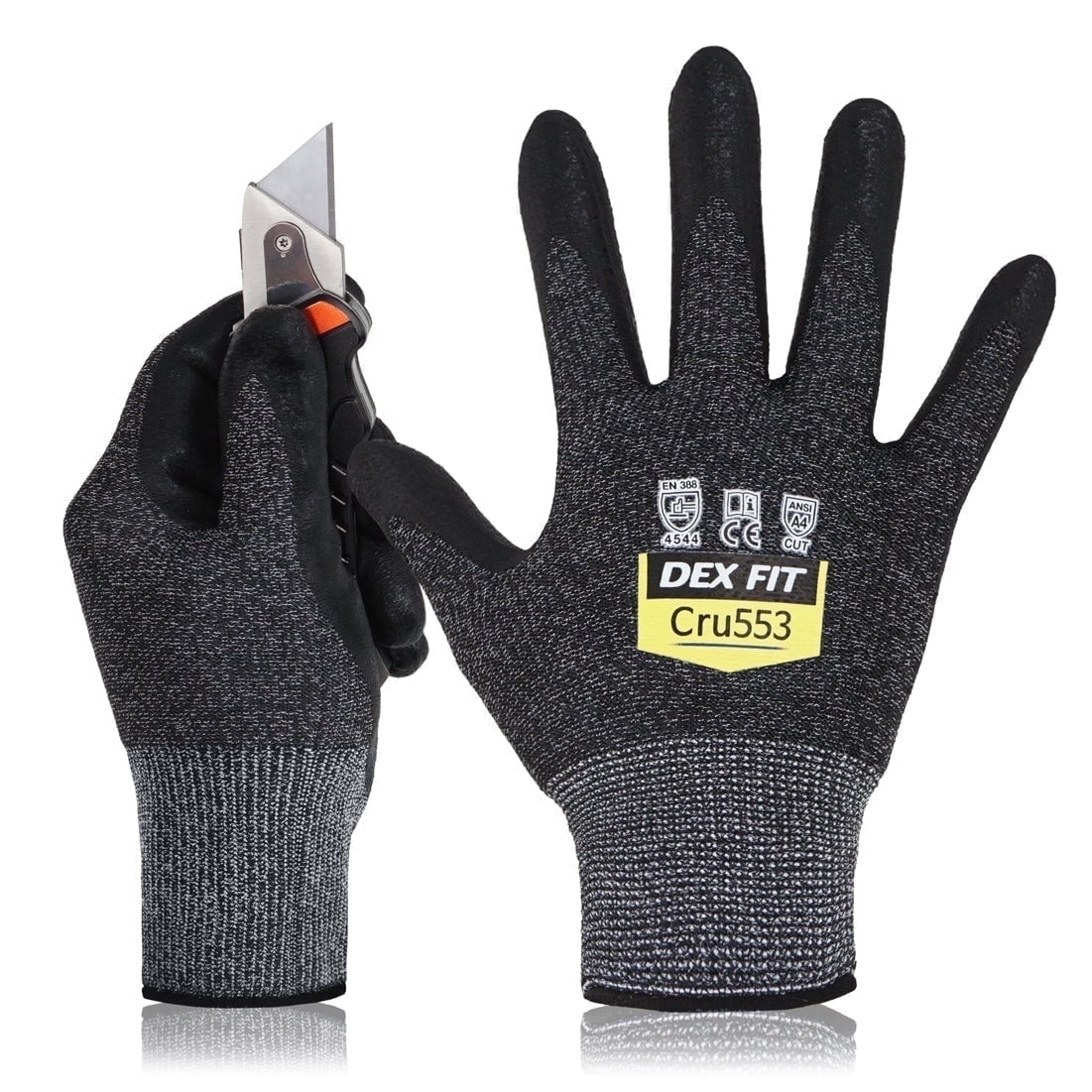 Dex Fit CRU553 BlackGrey Level 5 Cut Resistant Gloves (Power Grip, Durable Foam, Large) - 3 Pair