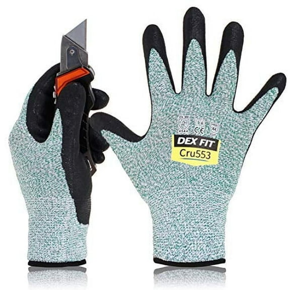 DEX FIT CRU553 Green ANSI Cut Level 5 HPPE Nitrile Dipped Touchscreen Work Gloves, XL, 1 Pair