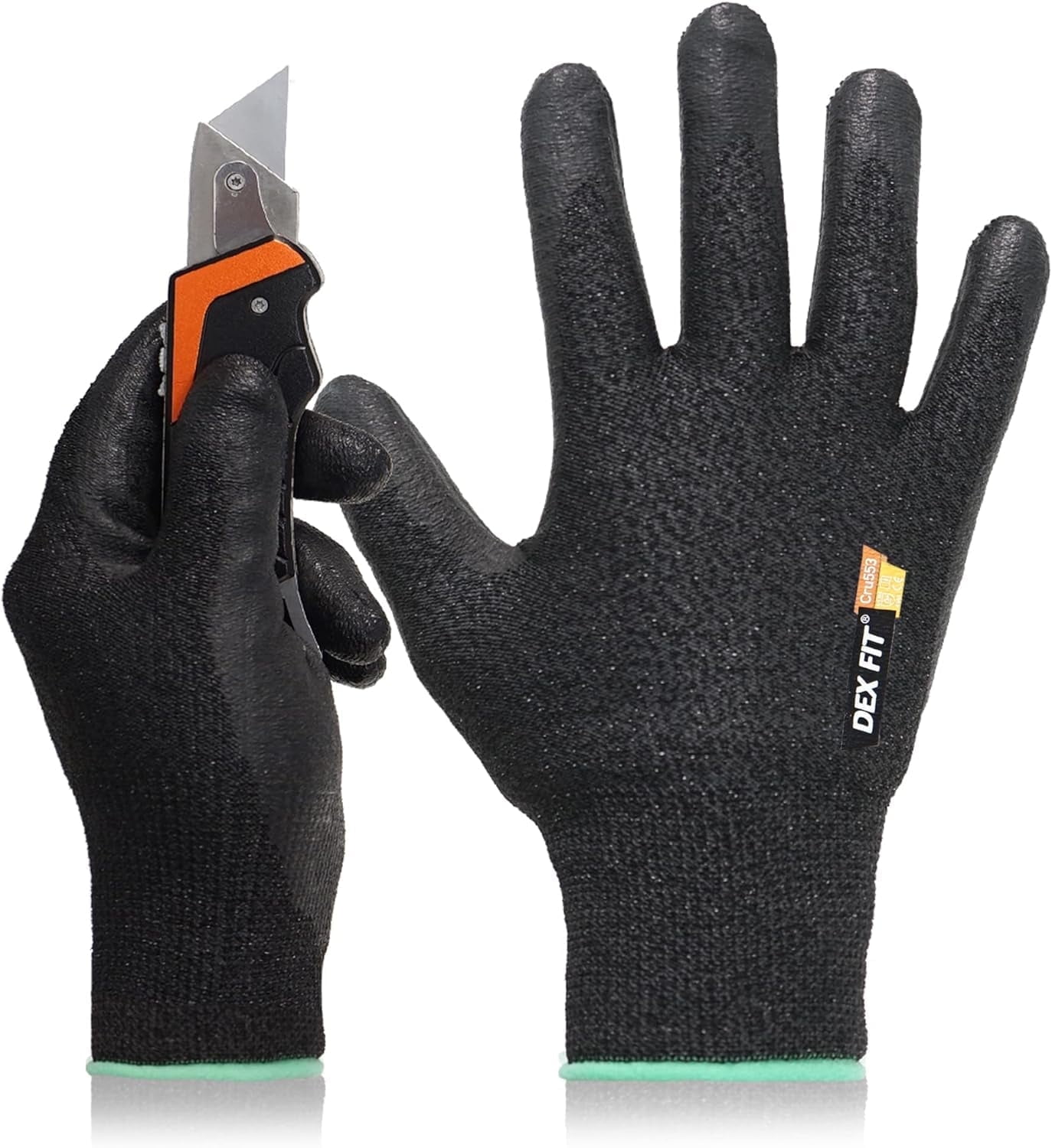 DEX FIT CRU553 Prime Black Level 5 Cut Resistant Gloves (Power Grip, Durable Foam, Large) - 1 Pair
