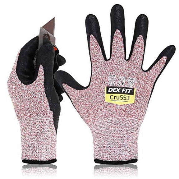 DEX FIT CRU553 Red Level 5 Cut Resistant Gloves (Power Grip, Durable Foam, Large) - 1 Pair