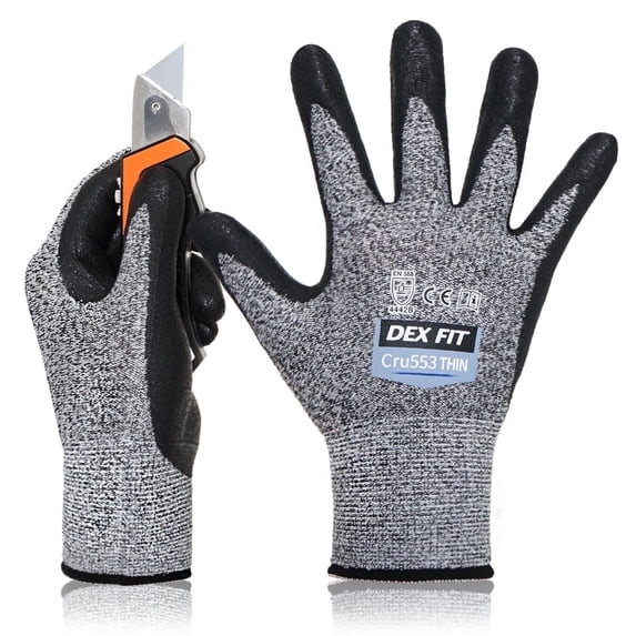 DEXFIT CRU553 Thin Grey Level 5 Cut Protection Work Gloves (Firm Grip, Durable, Large) - 1 Pair
