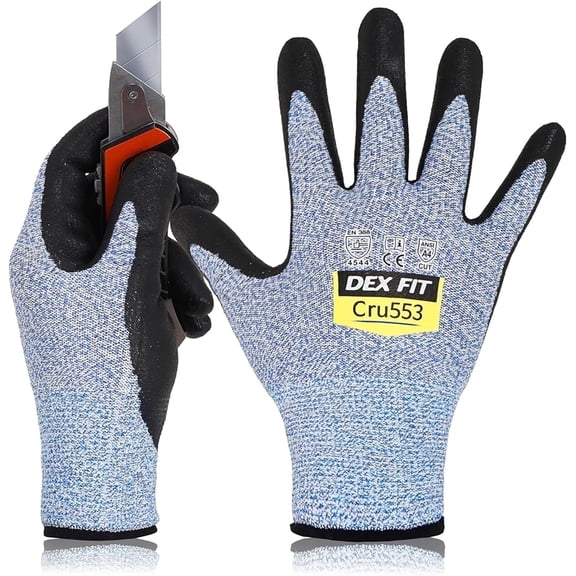 DEX FIT CRU553 Blue Level 5 Cut Resistant Gloves (Power Grip, Durable Foam, Large) - 1 Pair