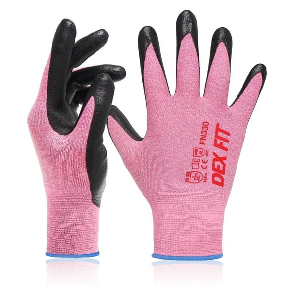 DEX FIT Nitrile FN330 Pink Work Gloves (3D-Comfort Stretchy Fit, Machine Washable, Large) - 3 Pairs