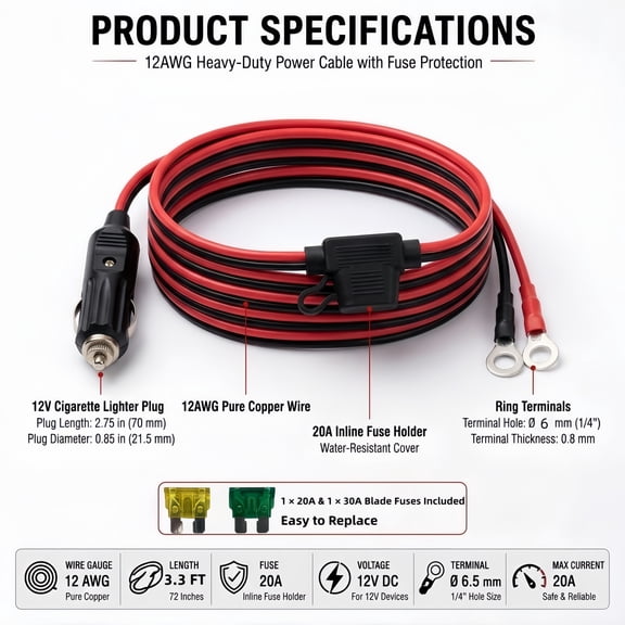 DEXATEK 12AWG Heavy Duty Cigarette Lighter Plug to Ring Terminal Cable, 3.3FT 12V Male Adapter Power Cord with LED Indicator Light and 20A/30A Inline Fuse Box for Power Inverter, Air Pump, Car Fridge