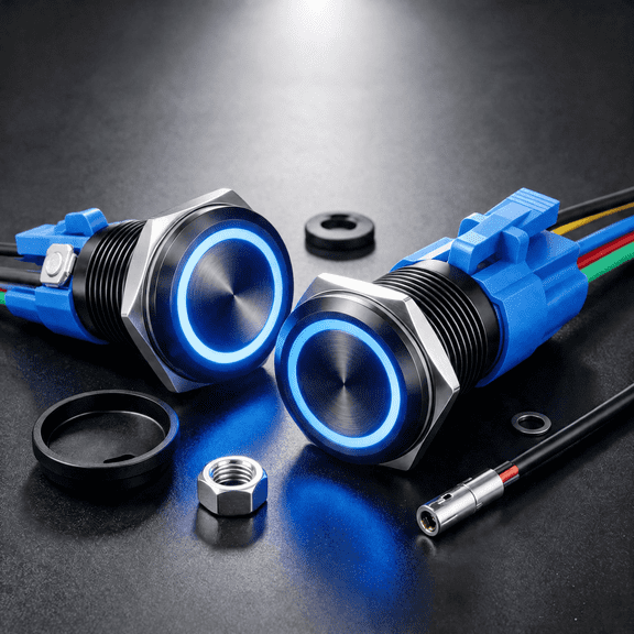 DEXATEK 2 pack 16mm Latching Push Button Switch 12V DC, Black Shell Round Self-Locking Switch with Blue LED Angel Eye Light and Wire Harness Socket Plug, Switch for Car Boat Marine