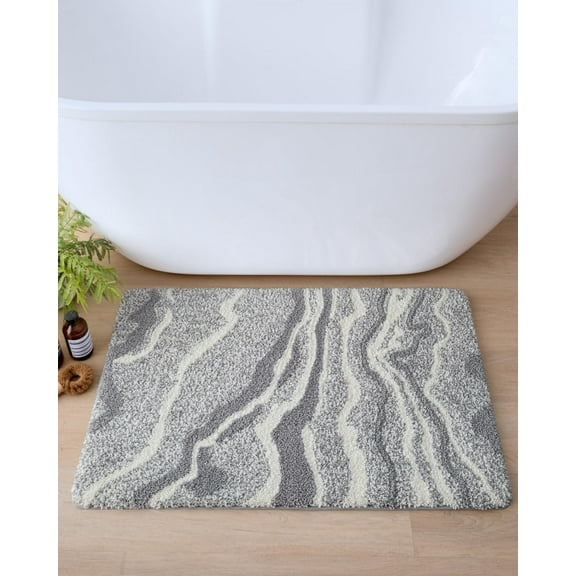 Bailu Bathroom Rug Mat 17X30, Non Slip Machine Washable Marble Bathmat, Absorbent Thick Microfiber Rugs, Soft Plush Carpet for Shower Floor, Tub, Sink, Bath Accessories Decor, Grey