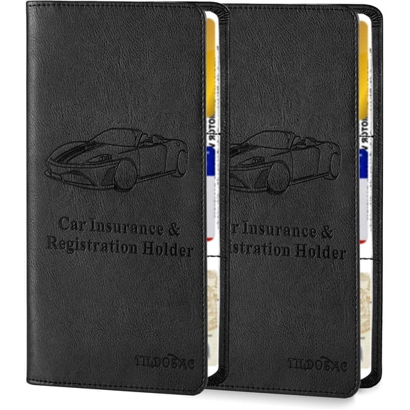 DEXIMRO 2 Pack Car Registration Insurance Holder, Leather Glove Box License Wallet Case with Magnetic Shut, Automotive Paperwork Document Organizer Card Holder for Women, Car Accessories (Black)