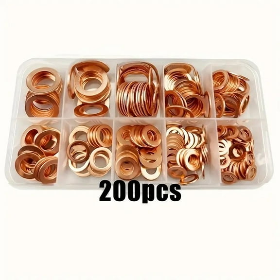 DEXIMRO 200 PCS, Premium Copper Metric Sealing Crush Washers Assortment Kit, Enhanced Flat Ring Oil Drain Plug Crush Washer Gasket Seal Set, Banjo Bolt Washers for Automotive, Motorcycl(10 Size)