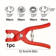 DEXIMRO 200Pcs (50 Sets) Snaps Buttons with Fastener Pliers Press Tool Kit, 9.5mm Silver Metal Snap Fasteners with Fastener Pliers, Punch, Soft Ruler, Peel-Off China Marker for Sewing (Hollow)