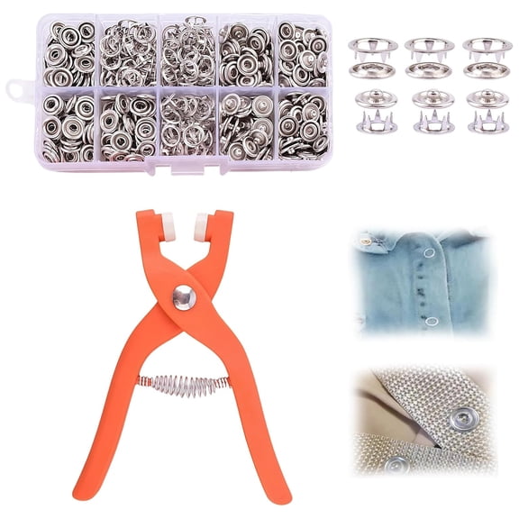 DEXIMRO 200Pcs (50 Sets) Snaps Buttons with Fastener Pliers Press Tool Kit, 9.5mm Silver Metal Snap Fasteners with Fastener Pliers, Punch, Soft Ruler, Peel-Off China Marker for Sewing (Hollow)