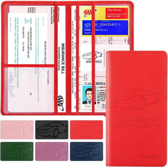 CCOCC Car Registration and Insurance Holder, PU Leather Glove Box Document Organizer with Magnetic Closure, 6 Clear Pockets Auto Paperwork Wallet, Vehicle Card Holder for Women, Red Car Accessories
