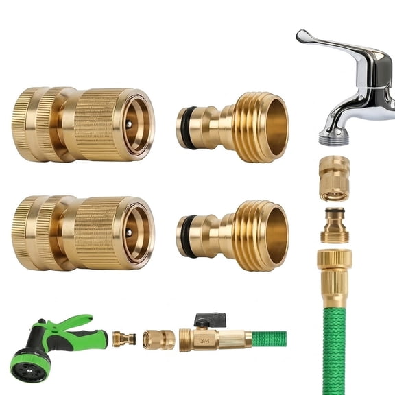 DEXIMRO Garden Hose Quick Connector, Solid Brass 3/4 Inch GHT Thread Garden Quick Connect Kit, Male and Female No-Leak Water Hose Fittings (2 Set)